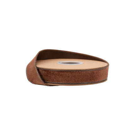 1" wired heritage velvet ribbon in rich brown, perfect for gift wrapping and rustic decor accents.