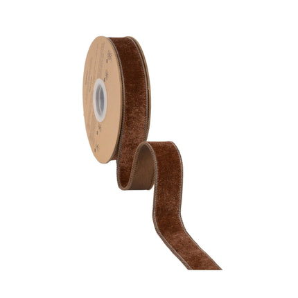 1-inch brown heritage velvet ribbon with wired edges, ideal for structured bows and wreath designs.