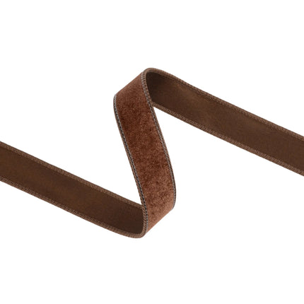 Luxurious brown wired velvet ribbon, 1" wide, offering a soft, plush feel for versatile seasonal use.