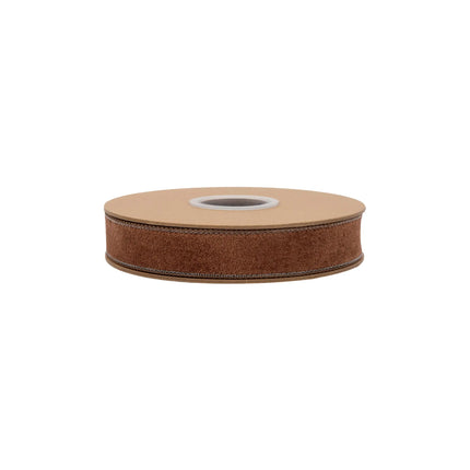 1" brown heritage velvet ribbon with sturdy wired trim, great for adding warm texture to projects.