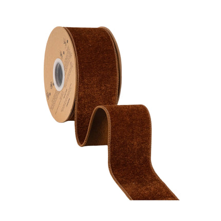 2 1/2-inch brown heritage velvet ribbon with wired edges, perfect for wreaths and seasonal arrangements.