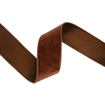 Luxurious brown wired velvet ribbon, 2.5" wide, offering a deep, velvety finish for any cozy project.