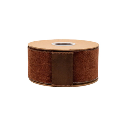 Premium brown velvet wired ribbon, 2.5-inch width, with plush texture for structured bows and crafts.