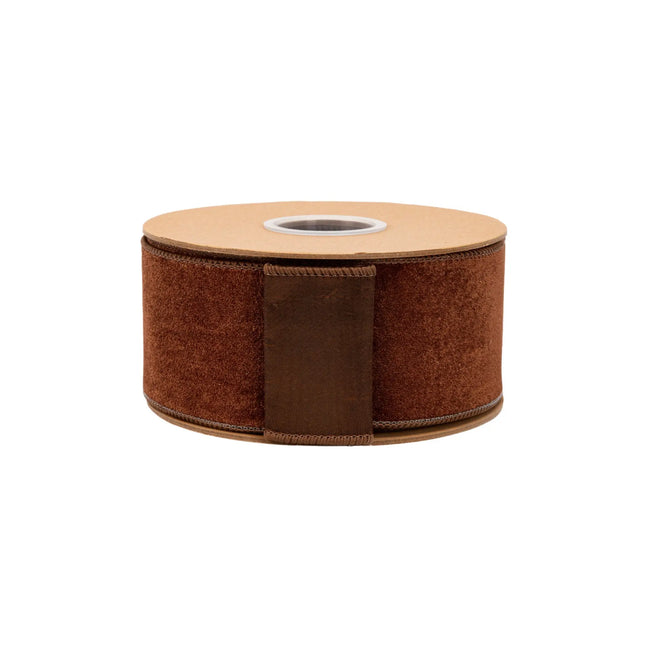 Premium brown velvet wired ribbon, 2.5-inch width, with plush texture for structured bows and crafts.
