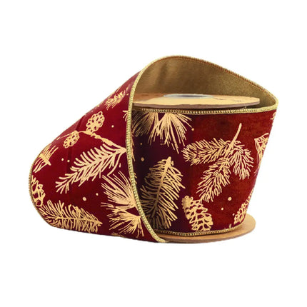 4" Wired Classic Velvet Ribbon | Gold Foil Print on Scarlet | 5 Yard Roll LaRibbons and Crafts