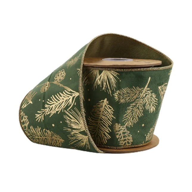 4" Wired Classic Velvet Ribbon | Gold Foil Print on Green | 5 Yard Roll LaRibbons and Crafts
