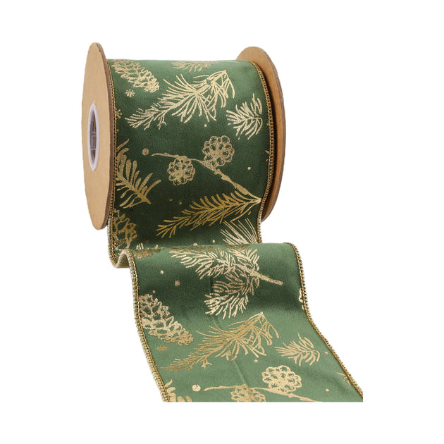 4" Wired Classic Velvet Ribbon Gold Foil Print on Green 5 Yard Rol