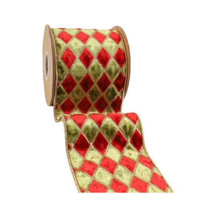 4" Wired Velvet Ribbon | Diamond Apple Green/Red/Gold Glitter | 5 Yard Roll LaRibbons and Crafts