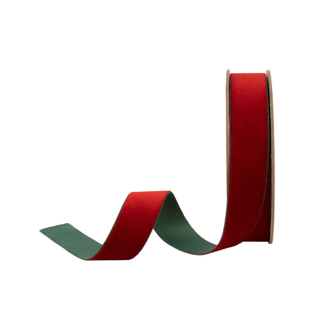 1" reversible velvet ribbon in classic red and green, ideal for festive gift wrapping and holiday decor.