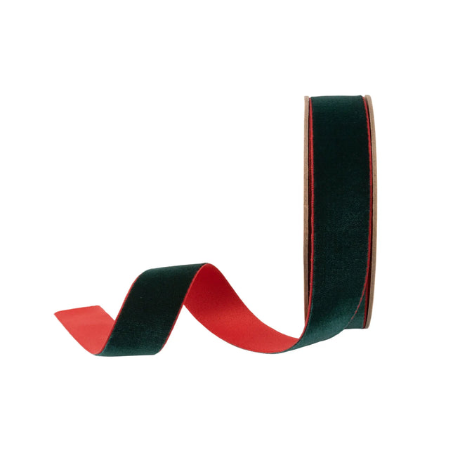 1" reversible velvet ribbon in deep green and red, perfect for festive gift wrapping and holiday decor.