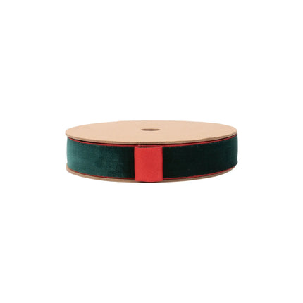1-inch green/red two-sided velvet ribbon with smooth texture, great for wreaths and party decorations.