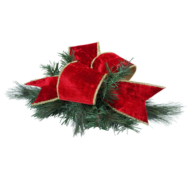  Red Wired Velvet Ribbon with Gold Tinsel Edges, Crafted into a Bow on Christmas Pine Foliage