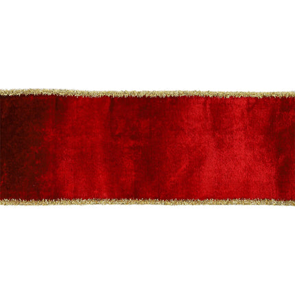 4" Wired Velvet Ribbon – Red velvet, gold tinsel trim, smooth texture.