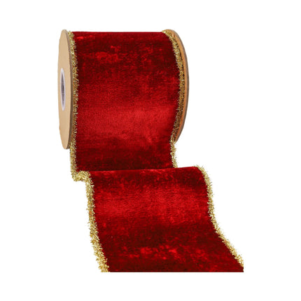4" Wired Velvet Ribbon Roll – Red velvet, gold tinsel edge, wired for crafts.