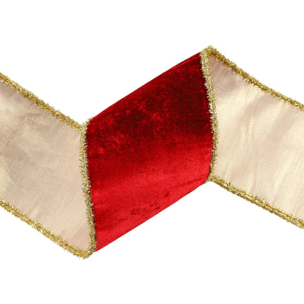 4" Wired Velvet Ribbon – Red velvet front, beige reverse, gold tinsel edge.
