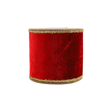 4" Wired Velvet Ribbon Spool – Red velvet, gold tinsel trim, polished finish.