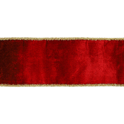Close-up of Red Wired Velvet Ribbon, Gold Tinsel Edges, Smooth & Luxurious Velvet Texture