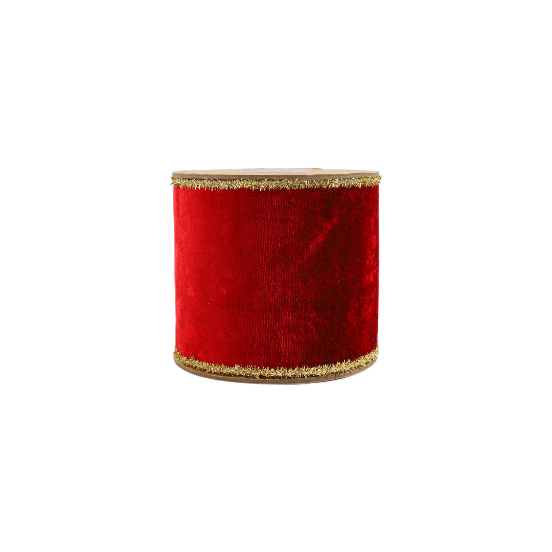 4" Wired Velvet Ribbon | Red w/ Gold Tinsel Edge & Metallic Gold Backing | 5 Yard Roll