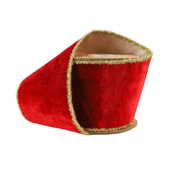 4" Wired Velvet Ribbon | Red w/ Gold Tinsel Edge & Metallic Gold Backing | 5 Yard Roll LaRibbons and Crafts