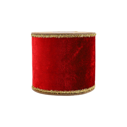 Red Wired Velvet Ribbon with Gold Tinsel Edges, Neatly Wound on a Spool