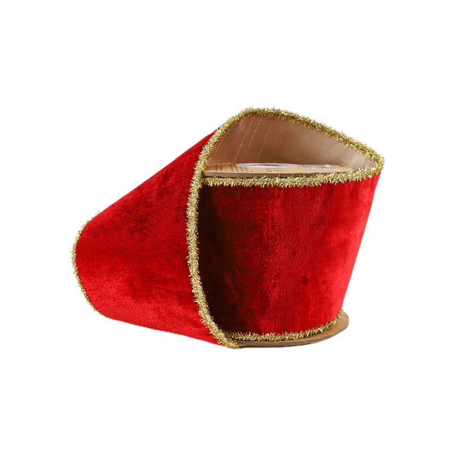 4" Wired Velvet Ribbon, Red with Gold Tinsel Edges, Luxurious Velvet Texture