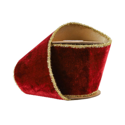 4" Wired Velvet Ribbon | Burgundy w/ Gold Tinsel Edge & Metallic Gold Backing | 5 Yard Roll LaRibbons and Crafts