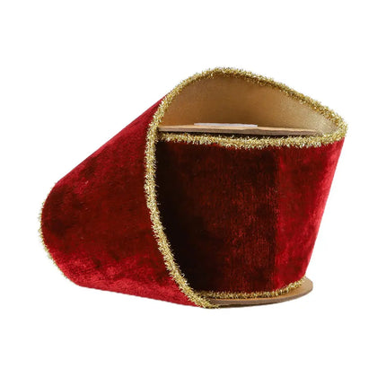 4" Wired Velvet Ribbon | Burgundy w/ Gold Tinsel Edge & Metallic Gold Backing | 5 Yard Roll LaRibbons and Crafts