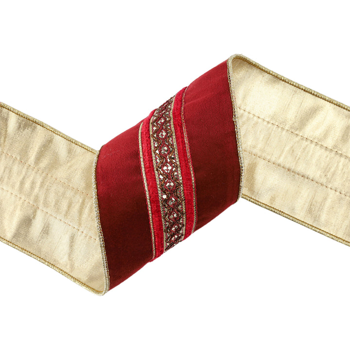 4" Wired Velvet Ribbon | Red w/ Red/Gold Trim | 5 Yard Roll