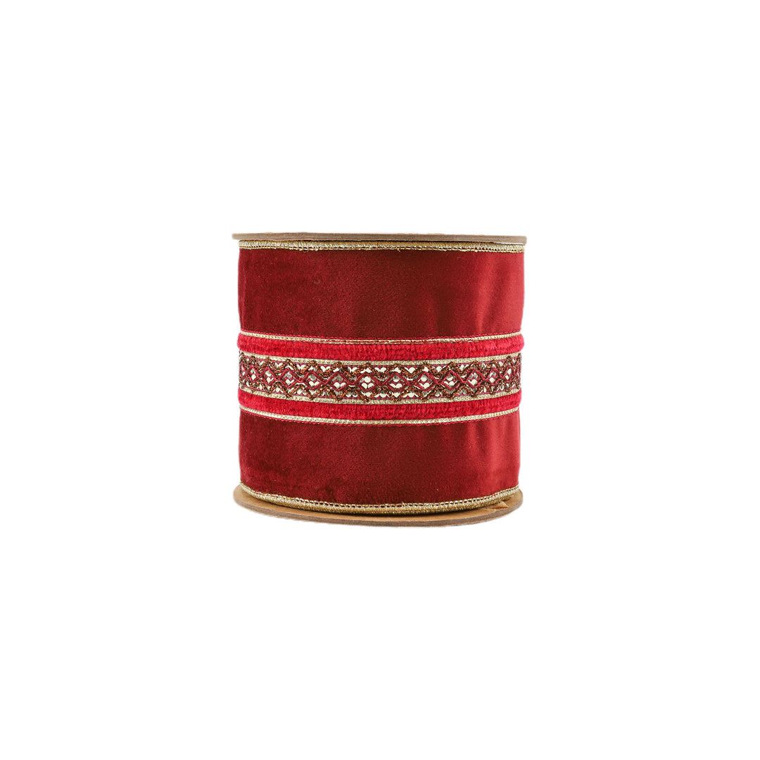 4" Wired Velvet Ribbon | Red w/ Red/Gold Trim | 5 Yard Roll