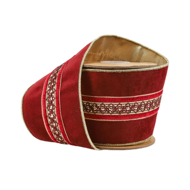 4" Wired Velvet Ribbon | Red w/ Red/Gold Trim | 5 Yard Roll LaRibbons and Crafts