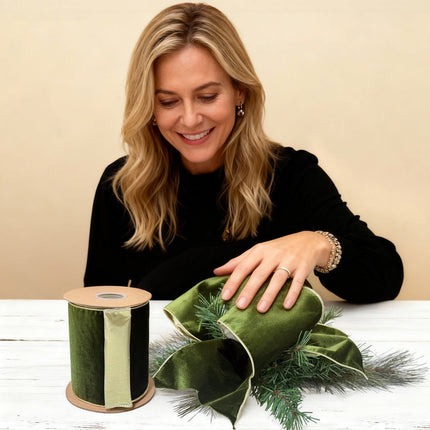 6" Wired Deluxe Reversible Velvet Ribbon | Forest Green | 10 Yard Ribbon LA Ribbons Wholesale