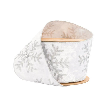 4" Wired Velvet | Glitter Snowflake with Jewel on White | 10 Yard Roll LA Ribbons Wholesale