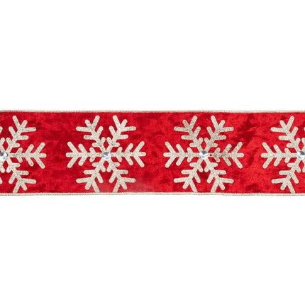 4" red wired velvet ribbon with glitter gold snowflakes and rhinestones, presented straight to highlight its vivid pattern and premium texture.
