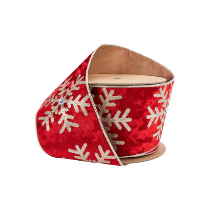 4" Wired Velvet Ribbon, Red with Gold Snowflake & Rhinestone, Luxe Christmas Decoration