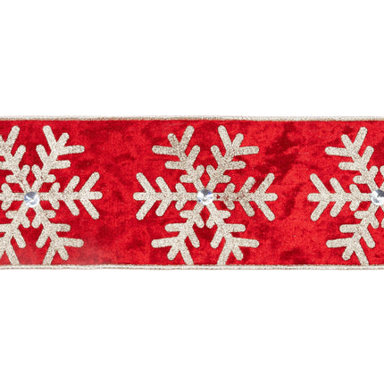 Red & Gold Snowflake Wired Velvet Ribbon, Rhinestone Accent, Reversible Elegance
