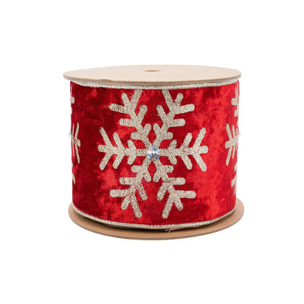  Red Velvet Ribbon Spool, Gold Snowflake & Rhinestone, Premium Christmas Decor Essential