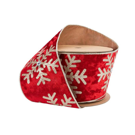 4" Wired Velvet | Glitter Snowflake with Jewel on Red | 10 Yard Roll LA Ribbons Wholesale