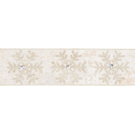 4" champagne wired velvet ribbon with glitter gold snowflakes and rhinestones, presented straight to highlight its exquisite pattern and craftsmanship.