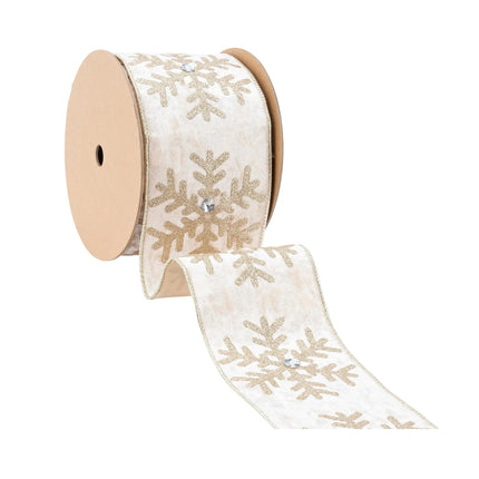 4" champagne wired velvet ribbon with glitter snowflake and jewel, curled to display its elegant pattern, fine craftsmanship, and rich texture.