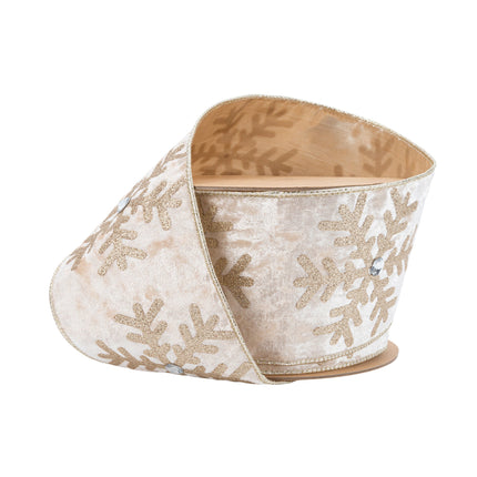 4" Wired Velvet | Glitter Snowflake with Jewel on Champagne | 10 Yard Roll LA Ribbons Wholesale