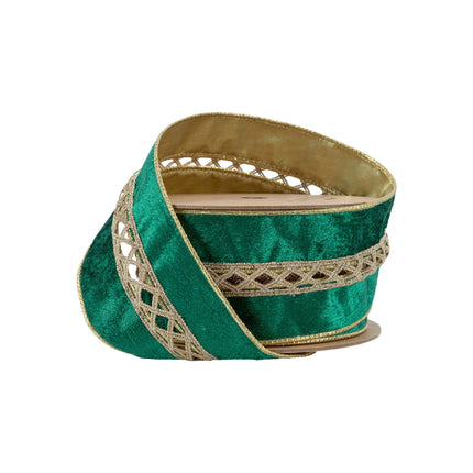 2 1/2" Wired Velvet | Criss-Cross Jeweled with Green Velvet Backing | 10 Yard Roll LA Ribbons Wholesale