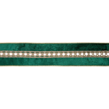2 1/2" Wired Velvet | Criss-Cross Jeweled with Green Velvet Backing | 10 Yard Roll LA Ribbons Wholesale