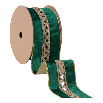 2 1/2" Wired Velvet | Criss-Cross Jeweled with Green Velvet Backing | 10 Yard Roll LA Ribbons Wholesale