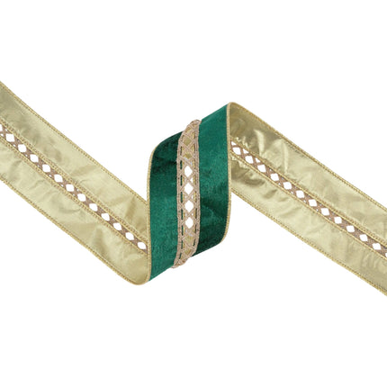 2 1/2" Wired Velvet | Criss-Cross Jeweled with Green Velvet Backing | 10 Yard Roll LA Ribbons Wholesale