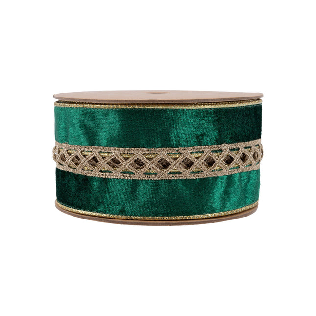 2 1/2" Wired Velvet | Criss-Cross Jeweled with Green Velvet Backing | 10 Yard Roll LA Ribbons Wholesale
