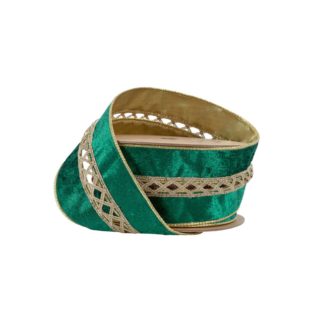 2 1/2" Wired Velvet | Criss-Cross Jeweled with Green Velvet Backing | 10 Yard Roll LA Ribbons Wholesale