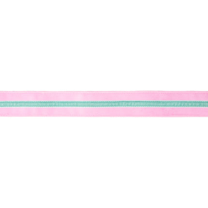 Flat view of 1.5" wired pink velvet ribbon with mint velvet stripe