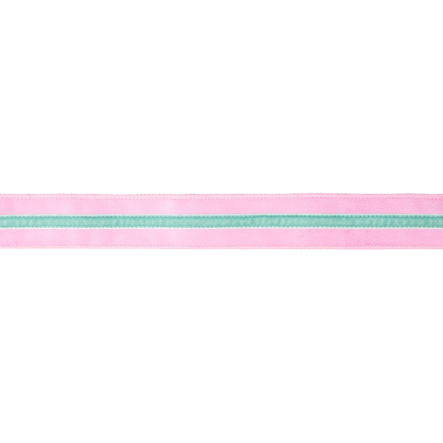 Flat view of 1.5" wired pink velvet ribbon with mint velvet stripe