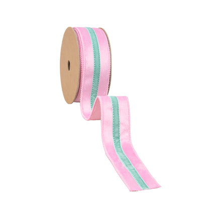 1.5" wired pink velvet ribbon with mint trim, unspooled for wreaths & gift packaging