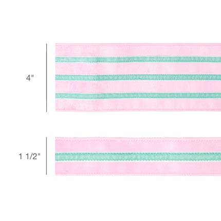 Size comparison: 4" vs 1.5" wired pink velvet ribbon with mint trim.